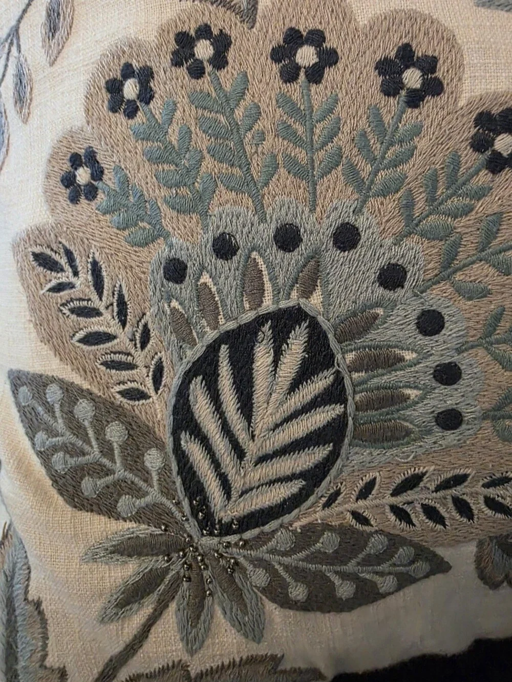 Barely Used Beaded Embroidered Floral Accent Pillow in Light Blue and Oatmeal